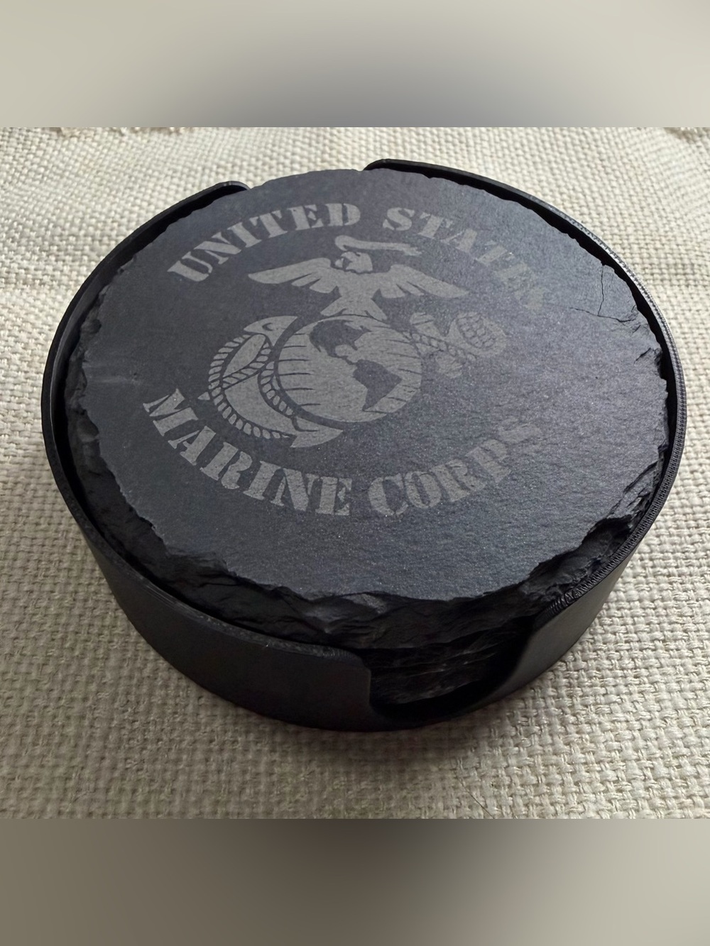 Slate Marine. Corp Coaster Set - Black with Holder